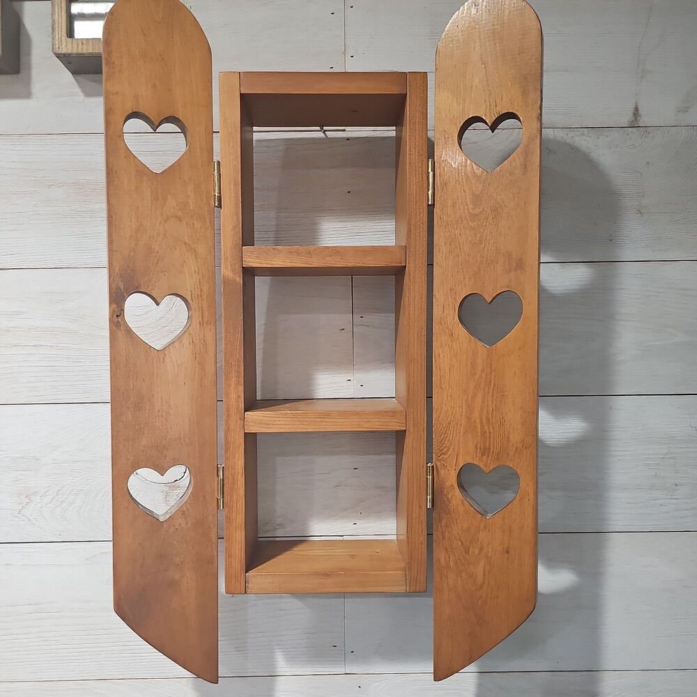 Vintage Solid Wood Heart Cut-Out Wall Shutter Shelf Trinket Cabinet Farmhouse